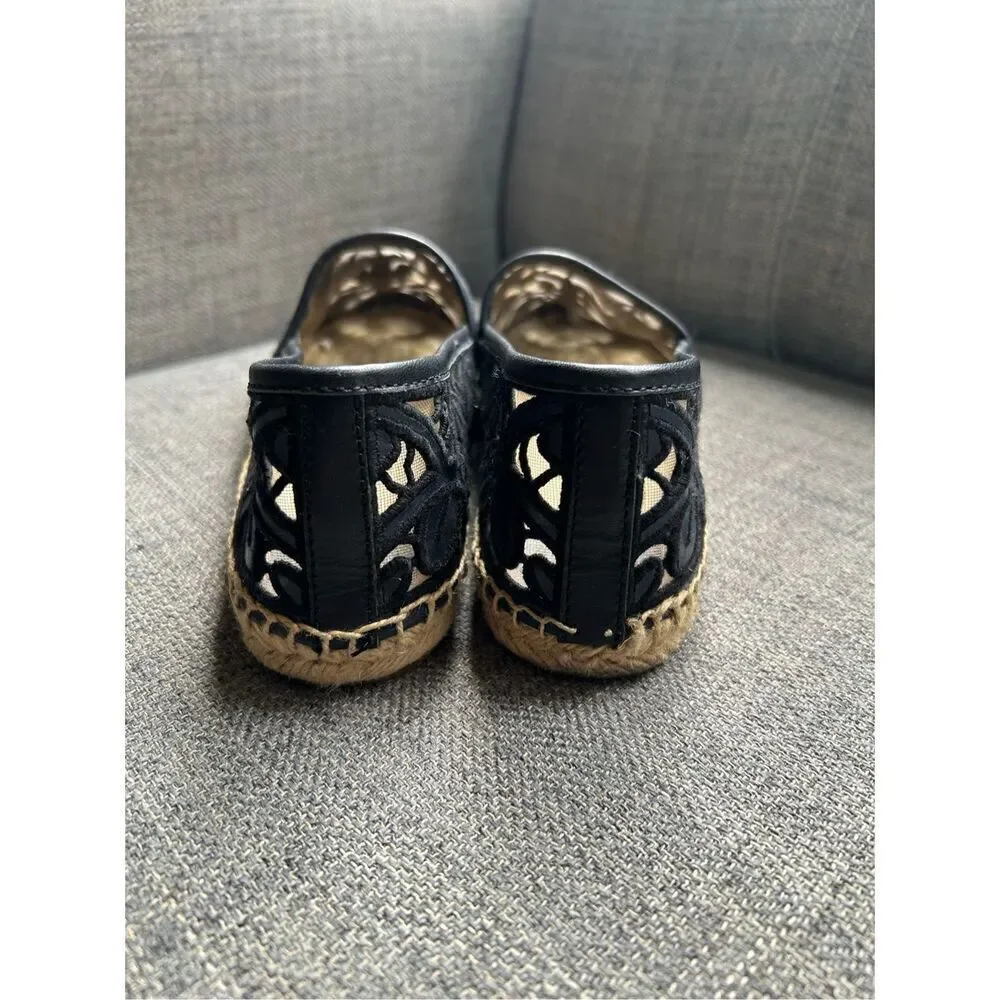 Tory Burch Black Cotton Lace and Leather Jackie Espadrilles